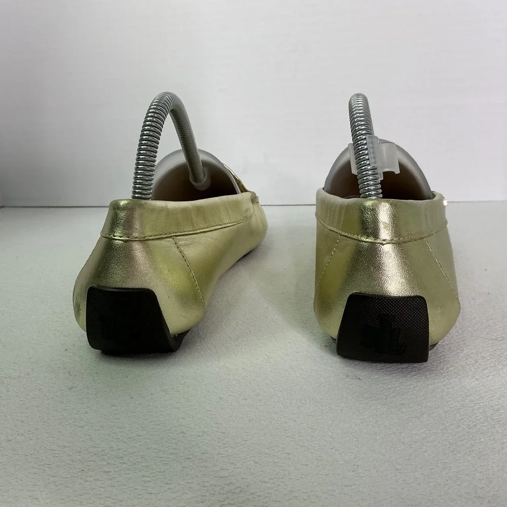 Lauren Ralph Lauren Gold Leather Driving Loafers Moccasin Luxury Flats Size 8.5